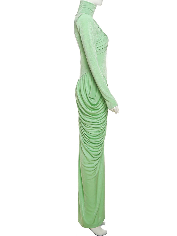 Elegant Ruched Backless Turtleneck Maxi Dress for Women