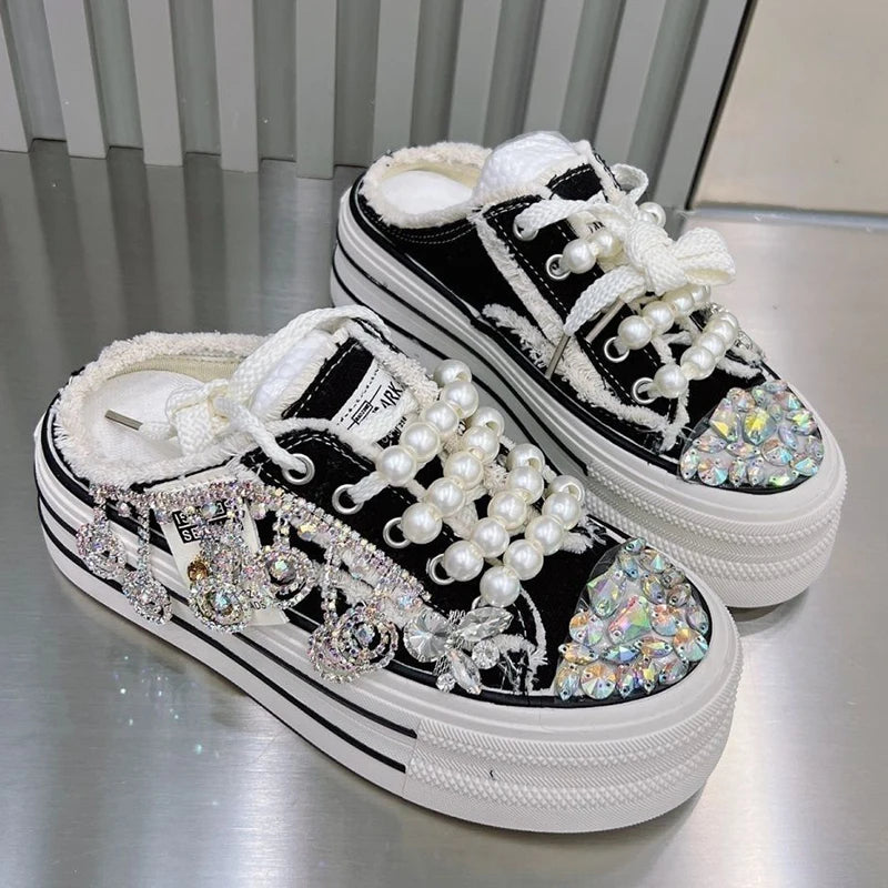 Shiny Sequined Pearl Stud Canvas Slippers for Women
