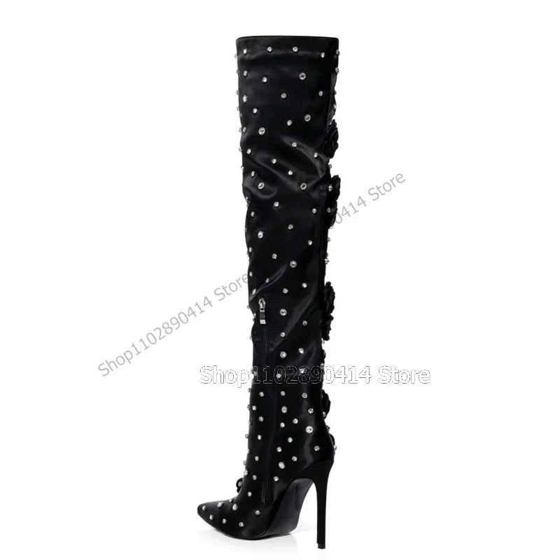 Black Silk Floral Applique Crystal Pointed Toe Thigh High Boots For Women