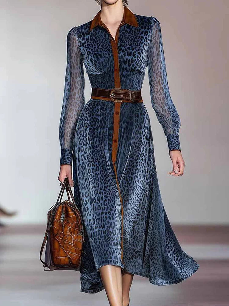 Lapel Retro Patchwork Printing Party Dress, Spring Autumn Women Long Sleeve Chic Maxi Dress, 2025 Buttons Elegant Ladies Dresses