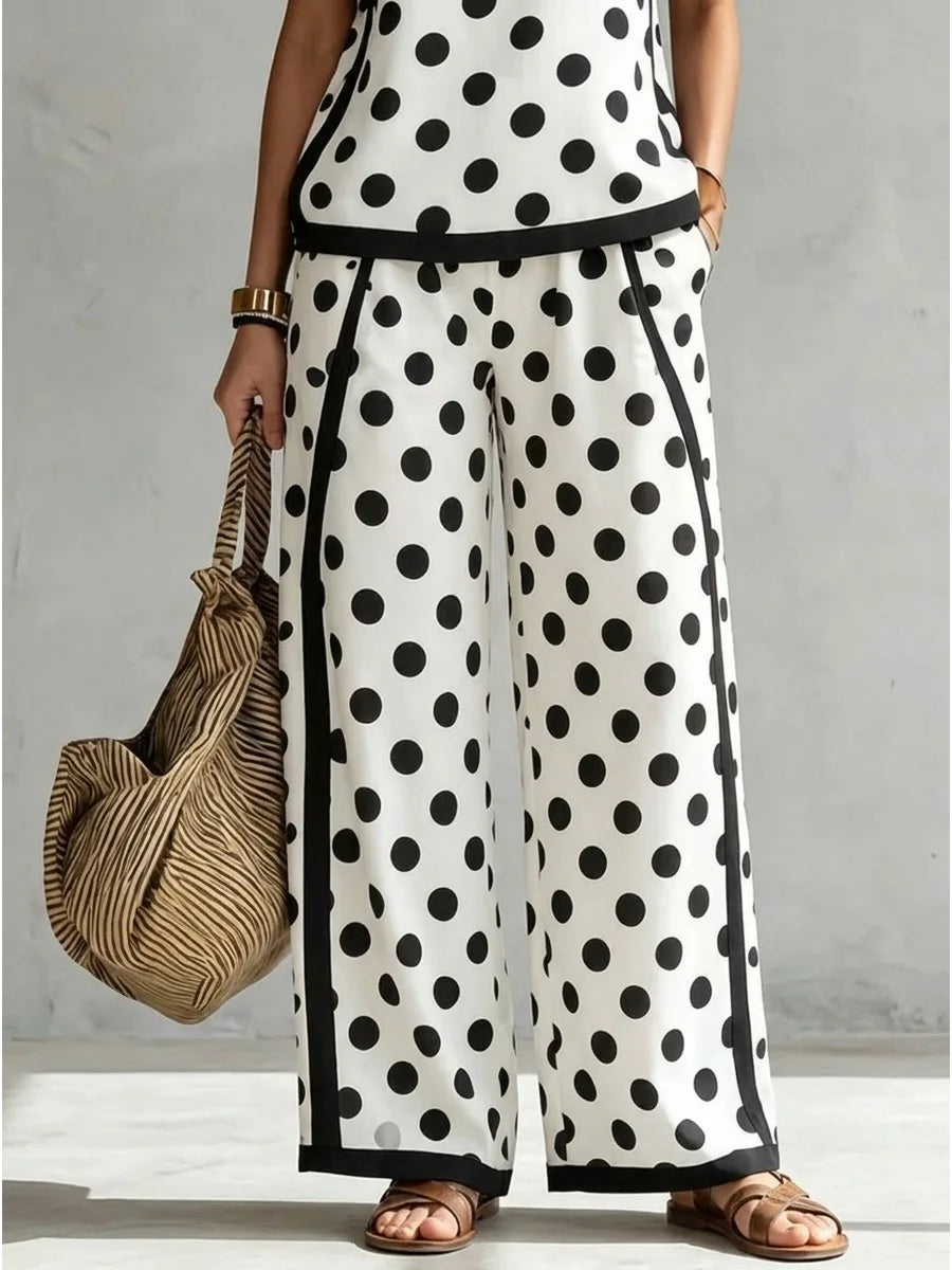 Bonboho Women Black White Polka Dot Wide Leg Pants Contrast Black Strip Side Loose Casual Trousers Stylish Matching Pants
