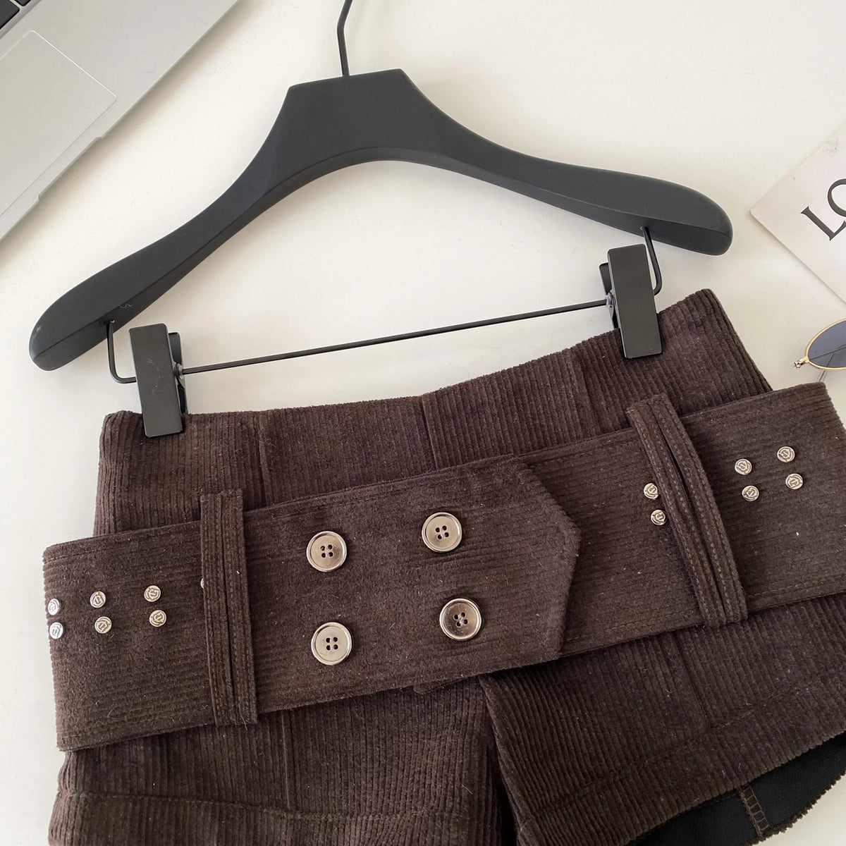 Retro Corduroy Button Detail Low Waist Shorts for Women