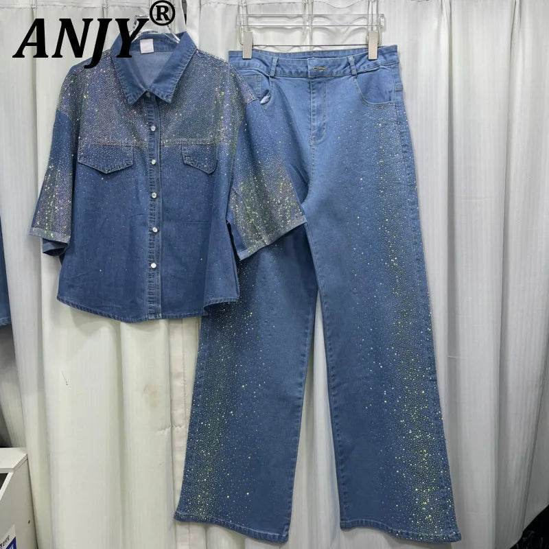 ANJY Autumn New Women's 2 Pieces Set Fashion Full Diamonds Short Sleeve Denim Shirt Elegant Fresh Straight Chic Ins Jeans A15818