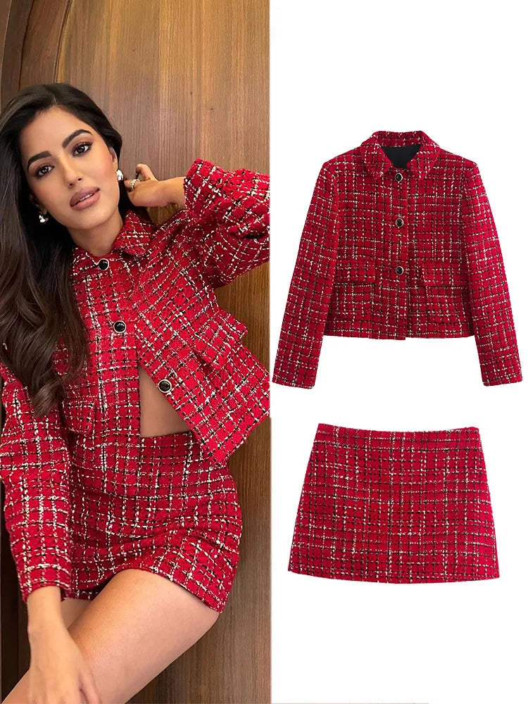 Retro Red Single-Breasted Jacket and Culottes Set for Women