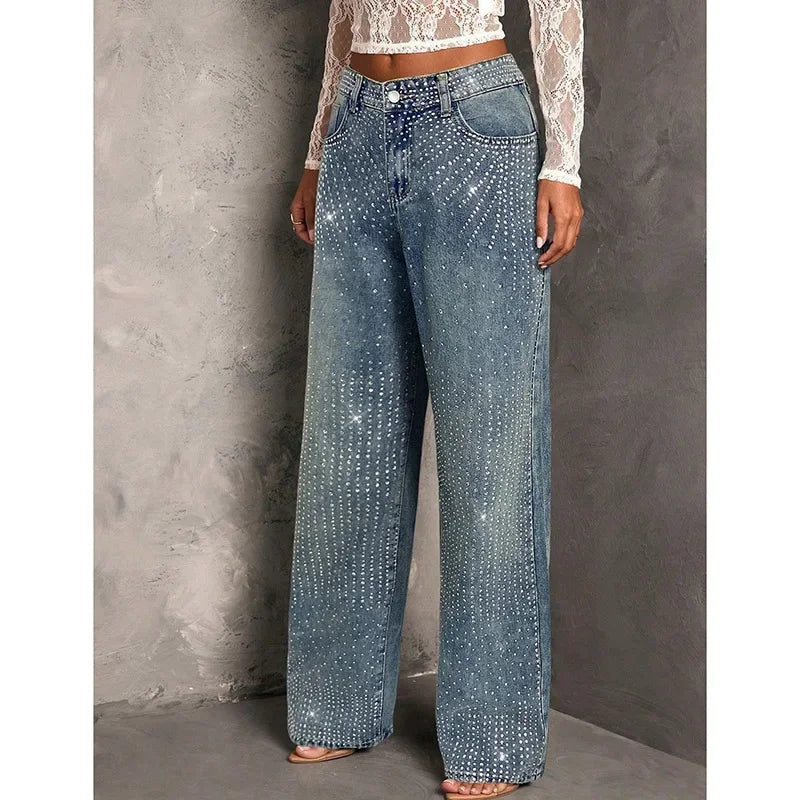Rhinestone Decor High Waist Stretch Denim Jeans for Women