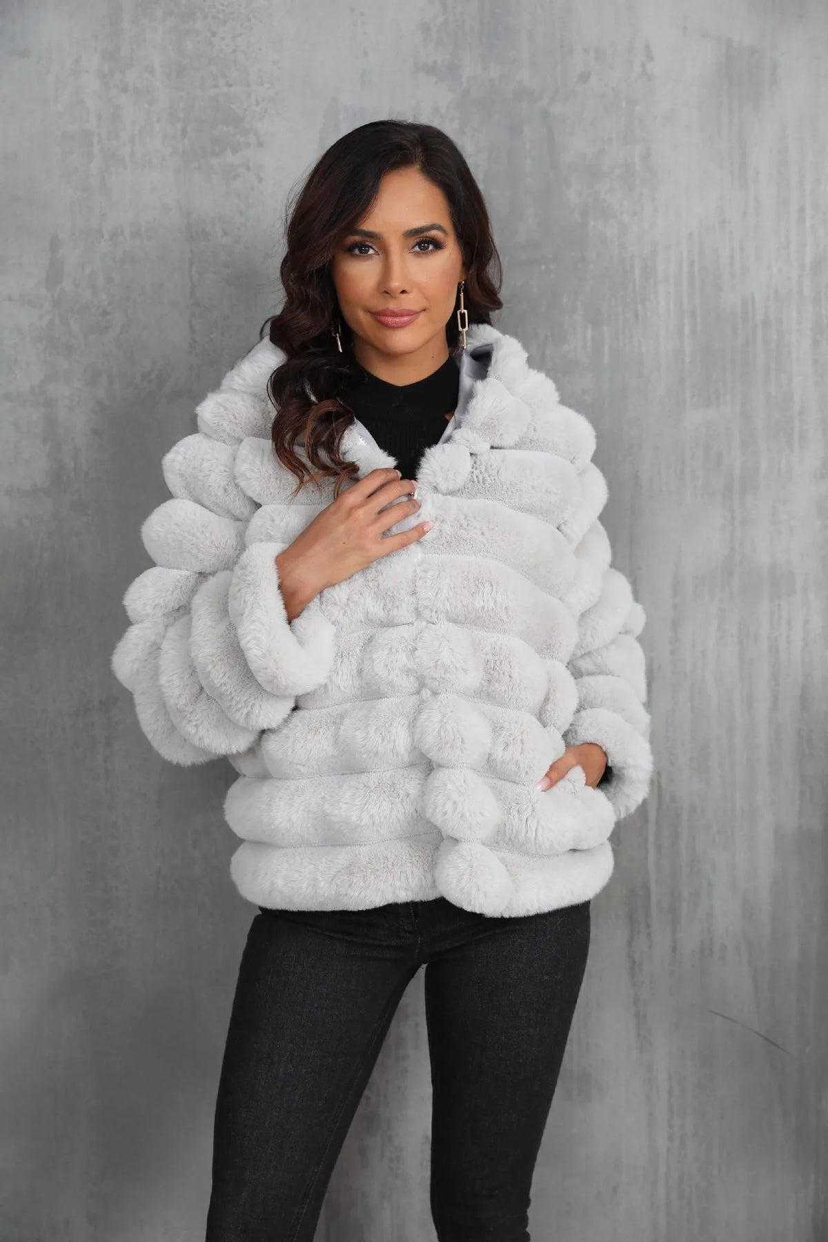 Warm Hooded Short Faux Fur Coat With Turn Down Collar for Women