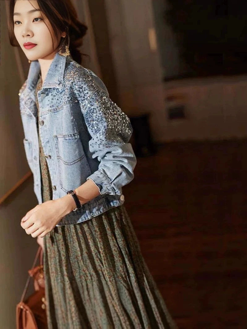 Sequin Embellished Short Denim Jacket for Women with Pockets