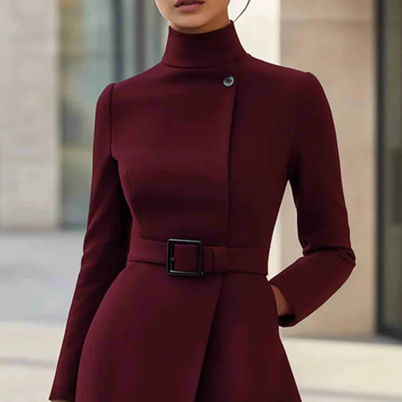 Elegant Turtleneck A-Line Office Dress With Pockets for Women