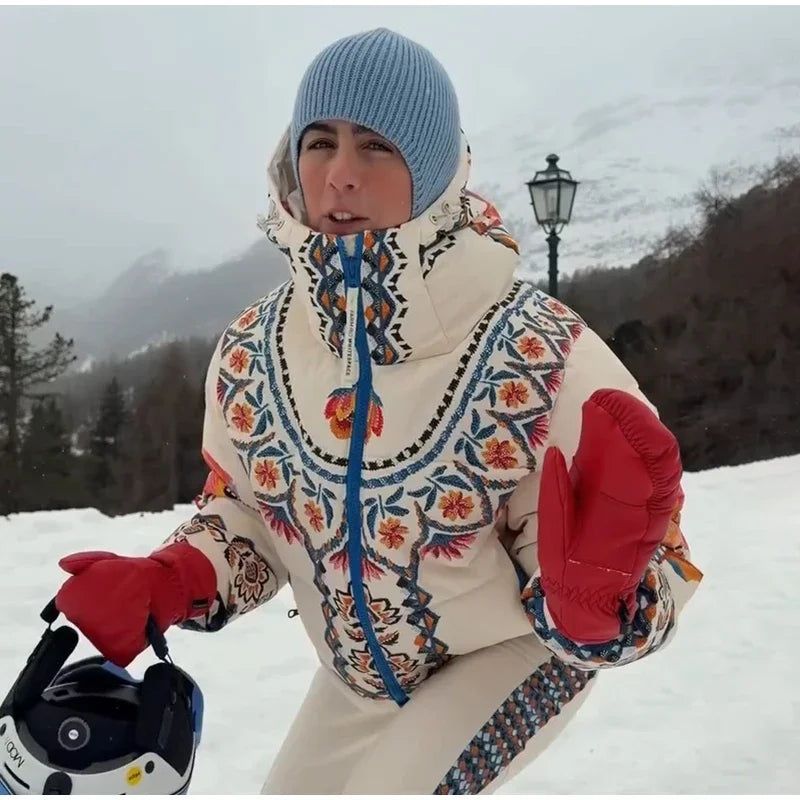 Printed Hooded Ski Jacket And Wide Leg Pants Set for Women