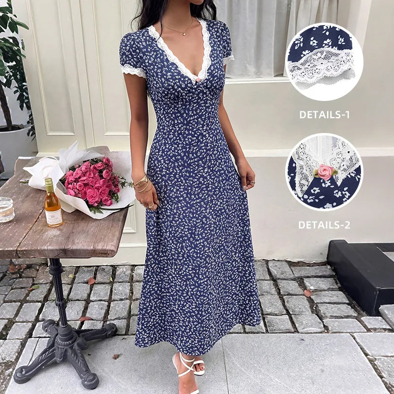 Elegant Patchwork Lace Midi Dress with Casual Print for Women