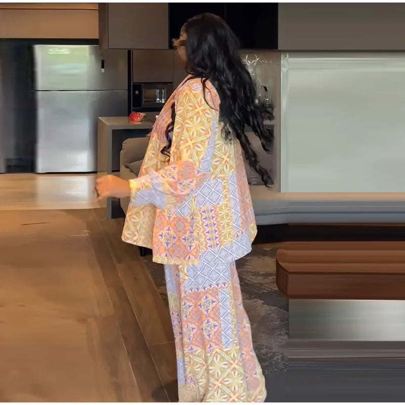 Casual Print Long Sleeve V-Neck Top Wide-Leg Trousers Two-Piece Set for Women