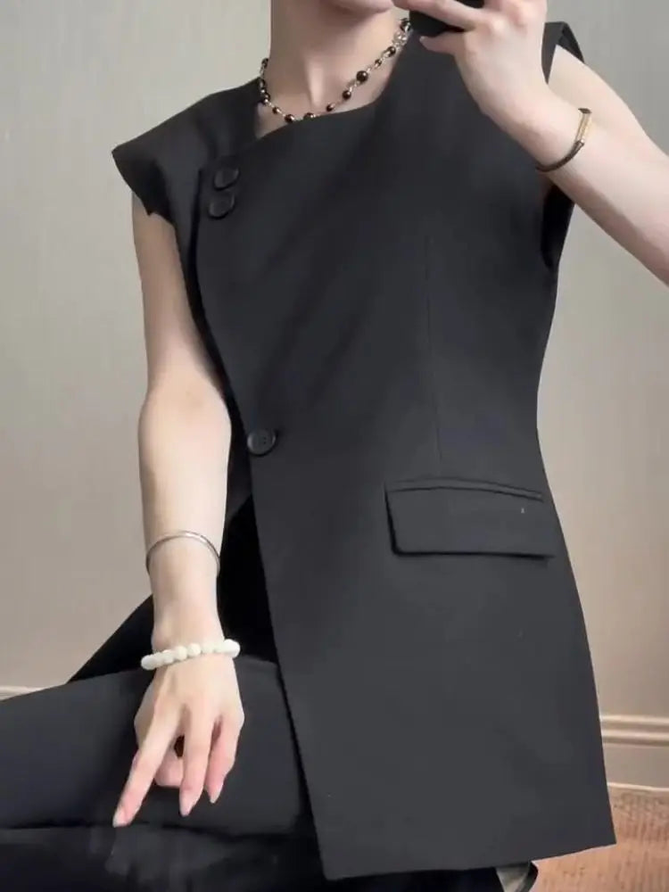 Black Button Front Split Sleeveless Vest For Women