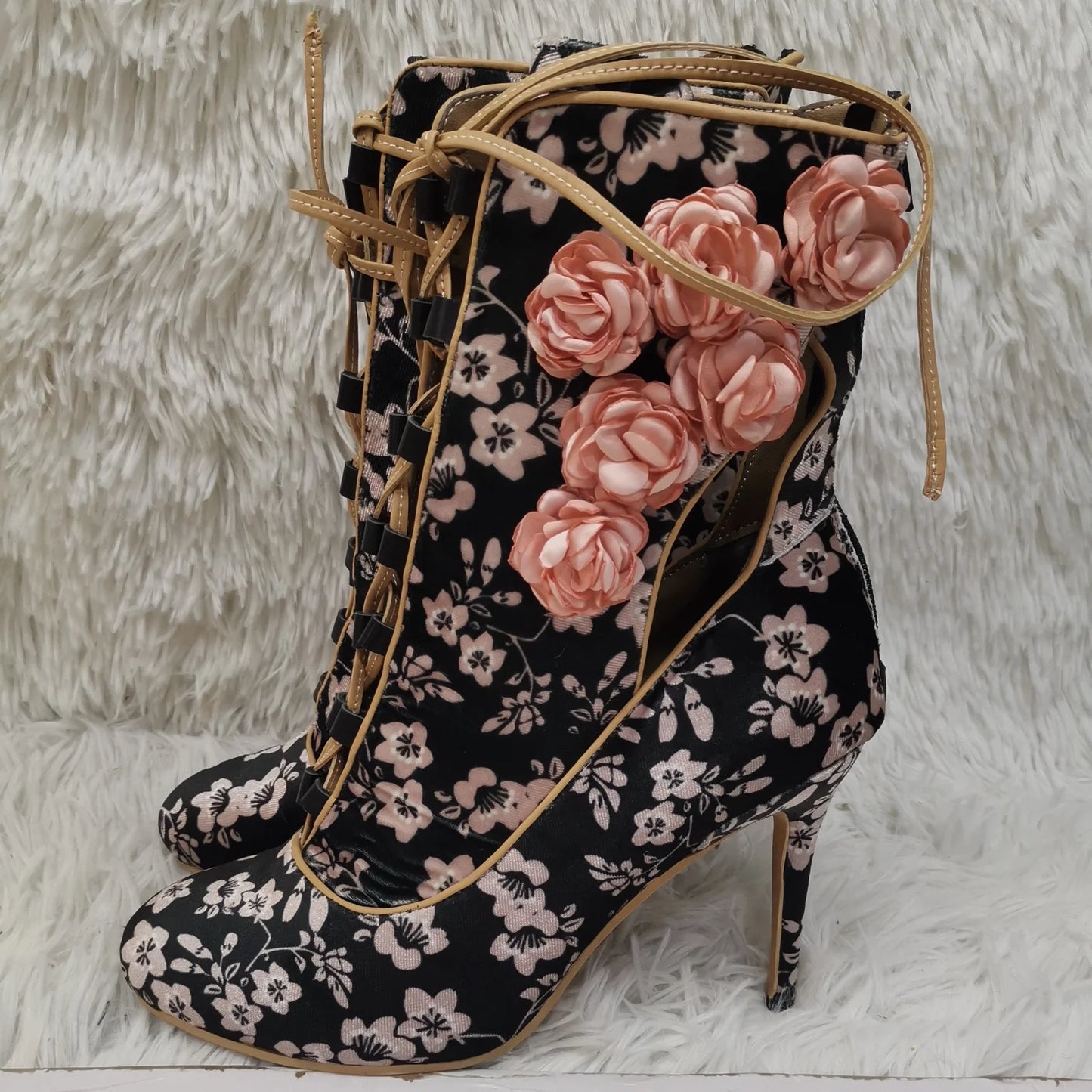 Black Floral Lace Up Pointed Toe Ankle Boots For Women