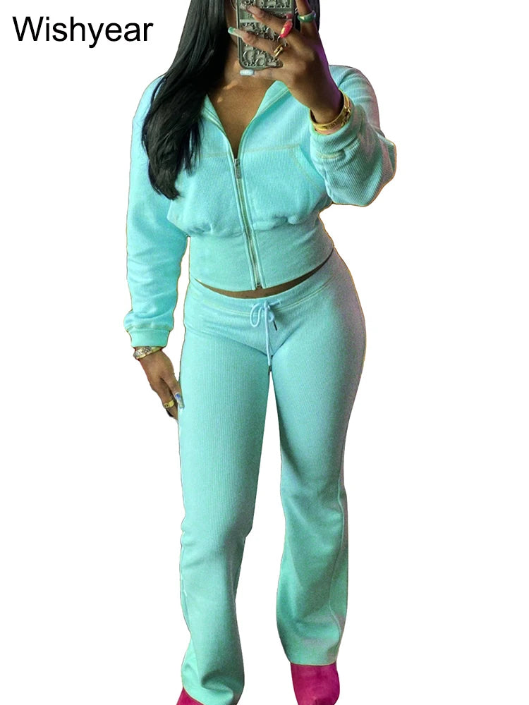 Waffle Knit Two Piece Flared Pants Tracksuit Set for Women