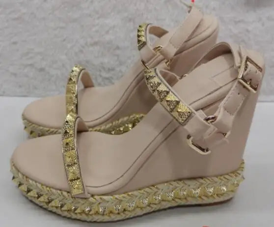 Open Toe Metallic Buckle Platform Wedge Sandals For Women