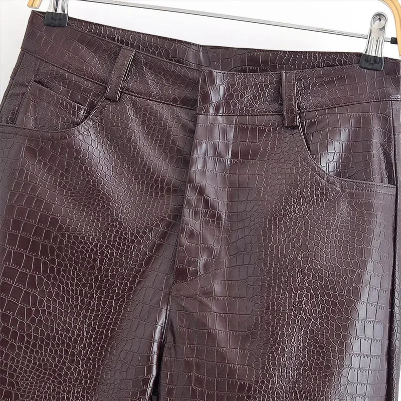 PU Leather Turn-Down Collar Jacket and Pants Set for Women