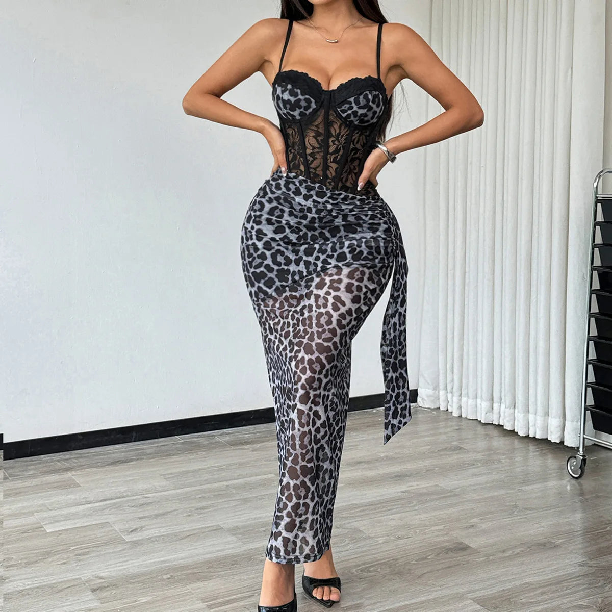 Long Sleeve Mesh Maxi Dress with Stripe Print for Women