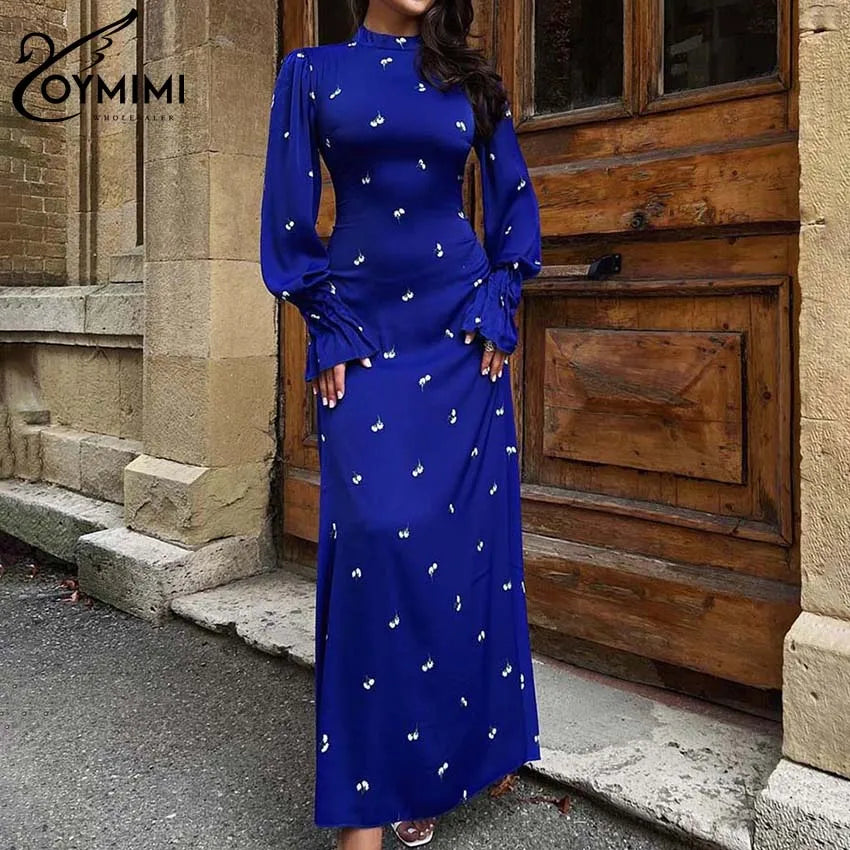 Oymimi Elegant Black Print Dresses For Women Fashion O-Neck Long Sleeve Dresses Casual New High Waist Lace-Up Ankle-Length Dress