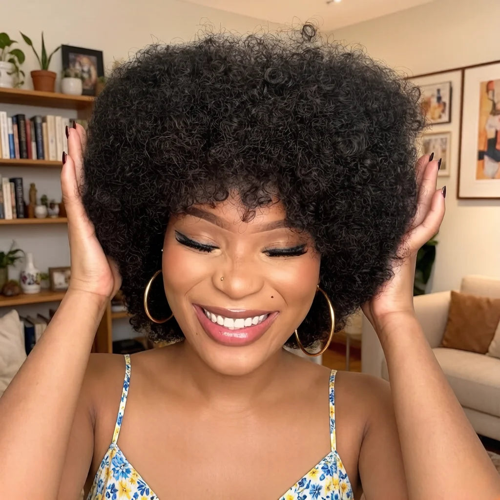 Natural Black Short Afro Kinky Curly Remy Human Hair Wig for Women