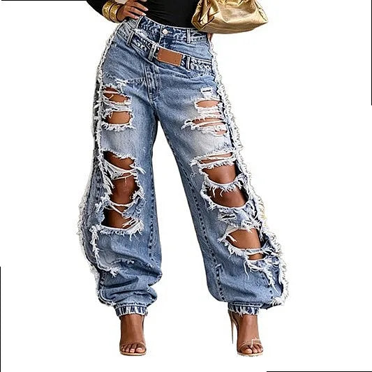 High Waist Ripped Frayed Denim Wide Leg Jeans for Women