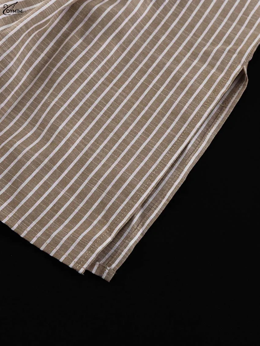 Oymimi Fashion Brown Striped Print Women Top Elegant Long Sleeve Pockets Lace-Up Blouses Spring Casual New Lapel Button Shirts