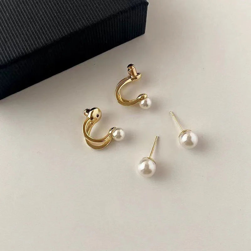 Gold Tone Pearl Geometric Stud Earrings