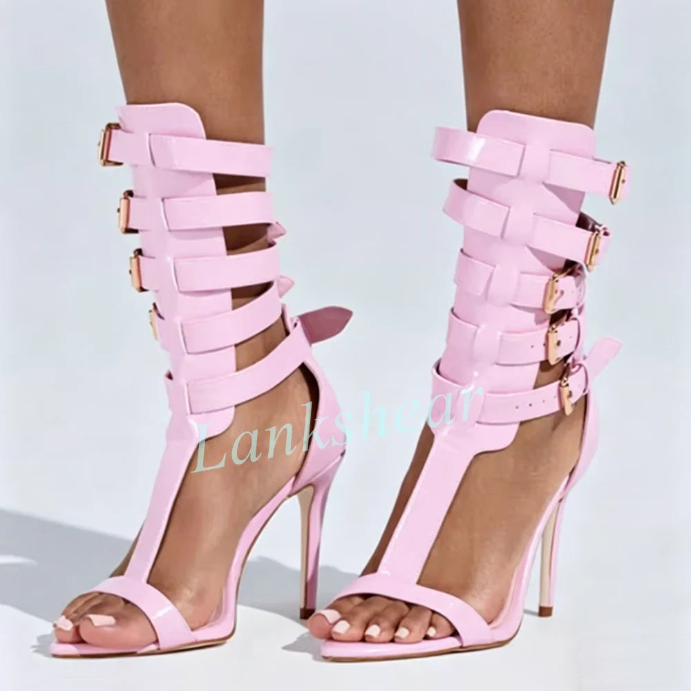Blush Pink Patent Leather Multi Strap Buckle Gladiator Sandals for Women