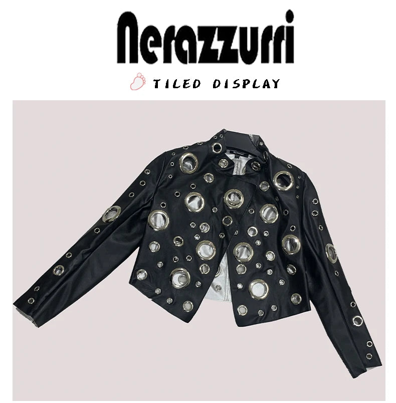 Sequin Hollow Out Patchwork Faux Leather Jacket For Women