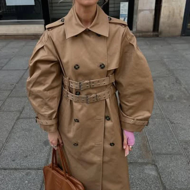 Chic Punk Trench Coat For Women Full Sleeve Loose Hooded Crop Jacket Lapel Bat Sleeve Long Coats 2025 New Lady Y2k Fall Outwears