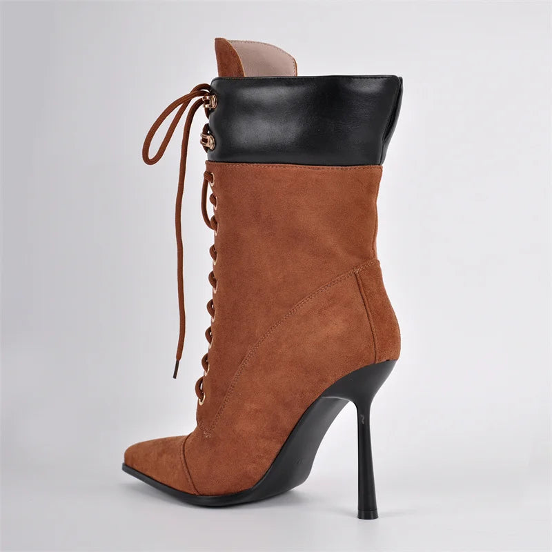 Pointed Toe Lace Up Stiletto Mid Calf Boots for Women