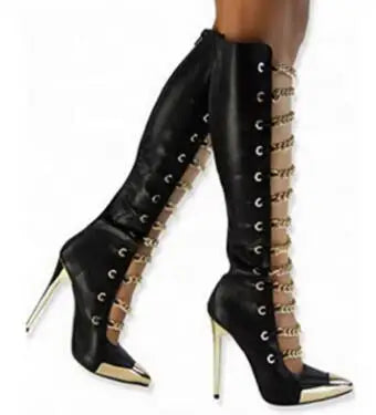 Zebra Print Pointed Toe Chain Strap Knee High Boots for Women