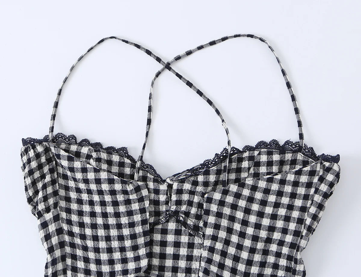 Gingham Lace Trim Spaghetti Strap Midi Dress for Women