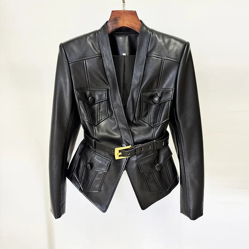 Slim Fit Faux Leather Motorcycle Jacket With Pockets for Women