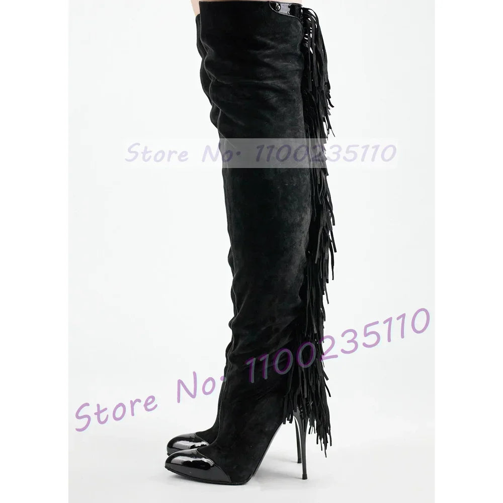 Grey Fringe Leather Over Knee Boots