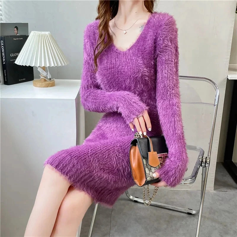 Cozy Faux Mink Knit Sweater Dress