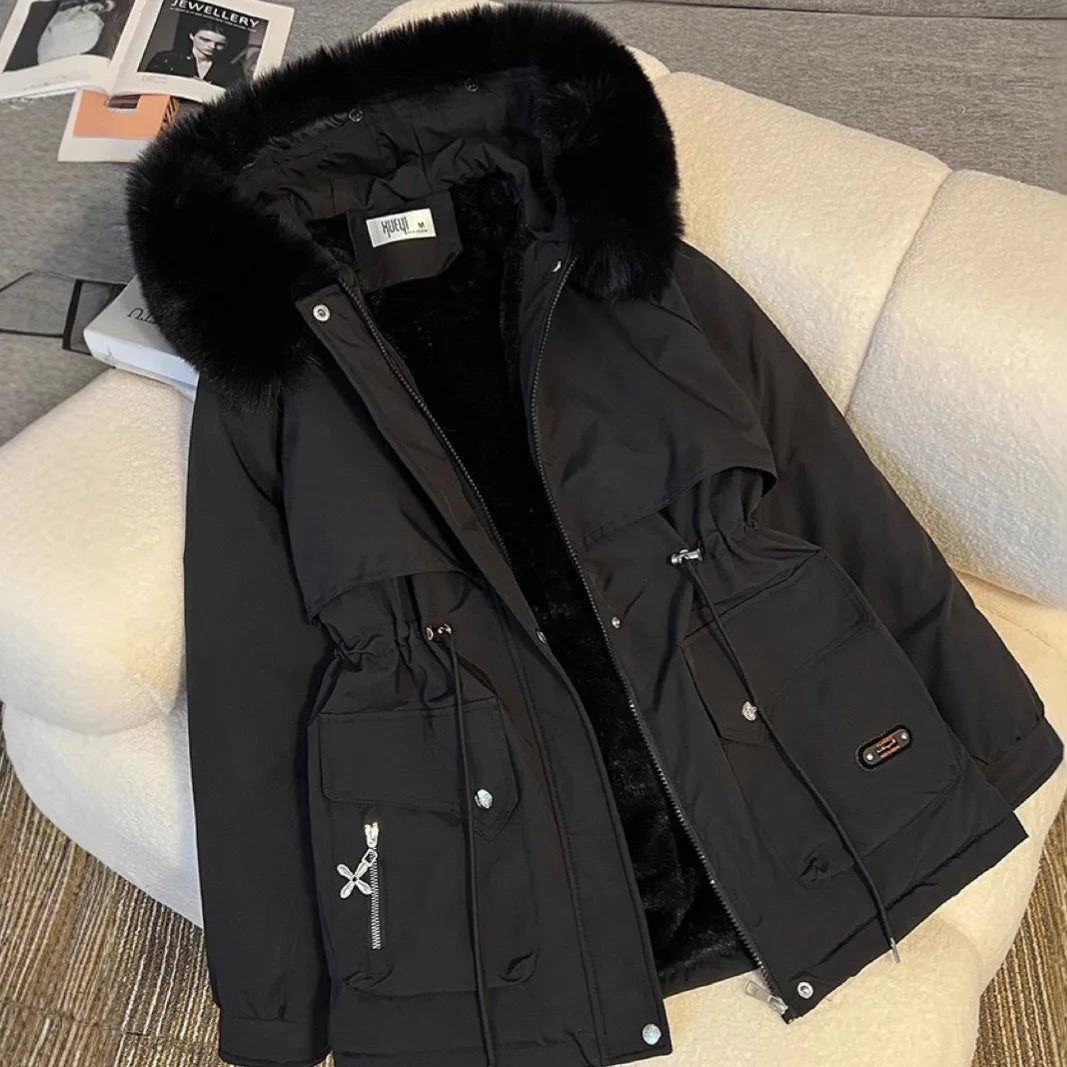 Korean Style Quilted Hooded Coat With Fur Collar For Women
