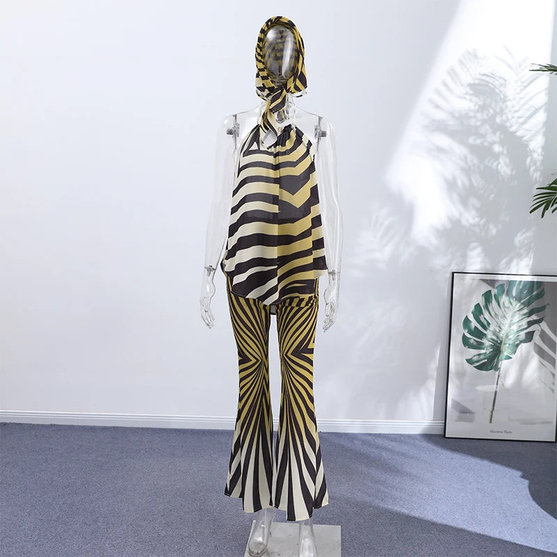 Retro Geometric Stripe Two Piece Set With Halter Top And Flare Pants for Women