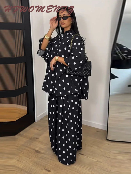 Polka Dot Shirt And Wide Leg Pants Set