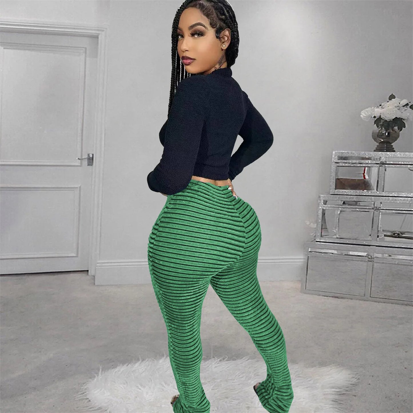 FAGADOER Stripe Plush Stacked Pants Women Casual Solid Color Fur Patchwork Flare Trousers Y2K Female Streetwear Bottoms 2025 New