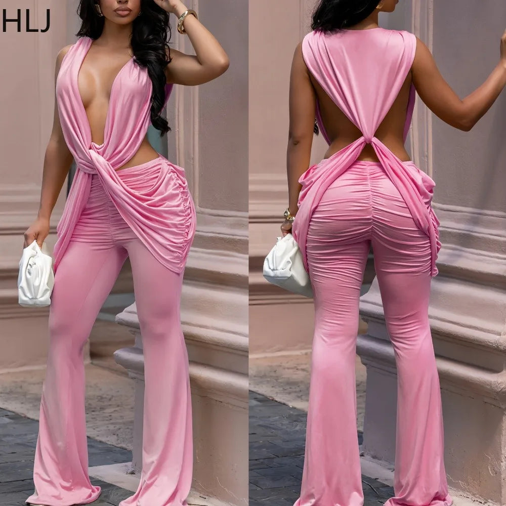 Halter Deep V Neck Ruched Flare Jumpsuit for Women