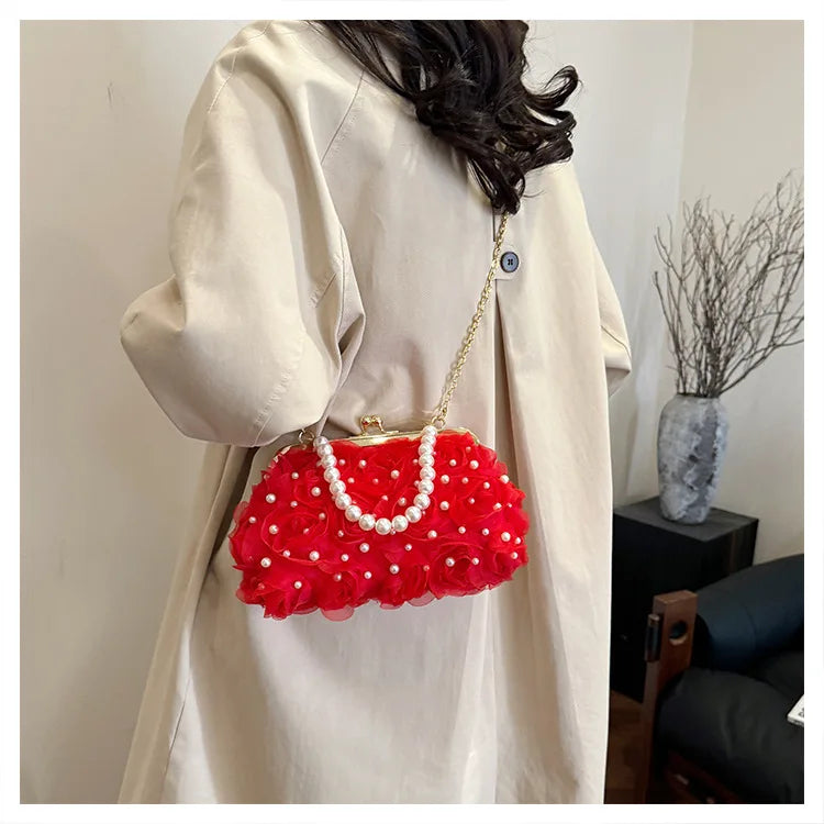 Pearl Floral Chain Evening Crossbody Bag