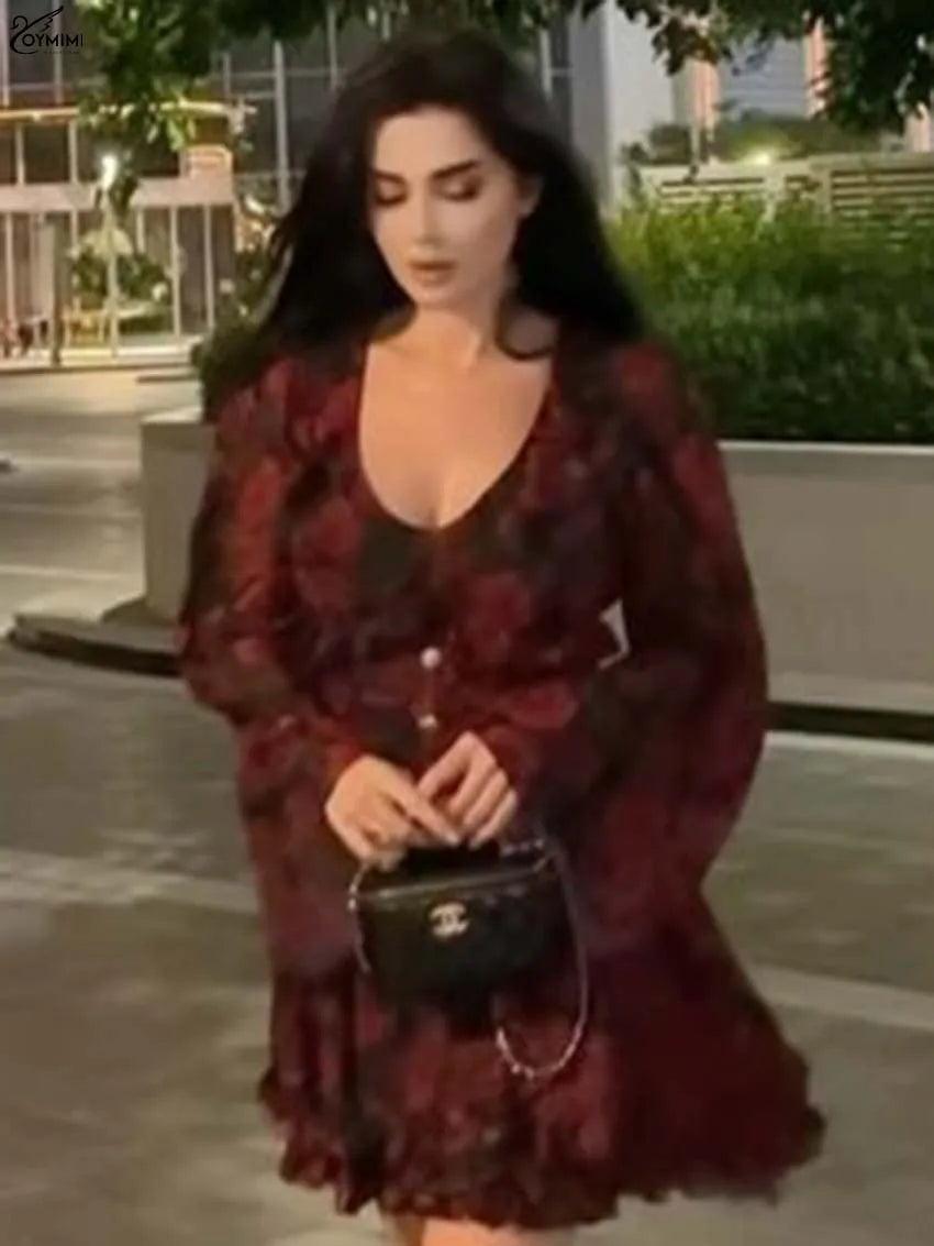 Oymimi Elegant Red Print Womens Dresses Fashion V-Neck Long Sleeve Button Dresses Casual High Waisted Ruffled Mini Dress Female