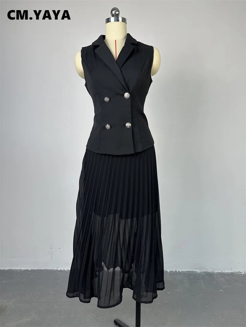 CM.YAYA Street OL Work Women's Set Sleeveless Vest Tops and Pleated Skirts Suit 2024 Summer INS Two 2 Piece Set Outfit Tracksuit