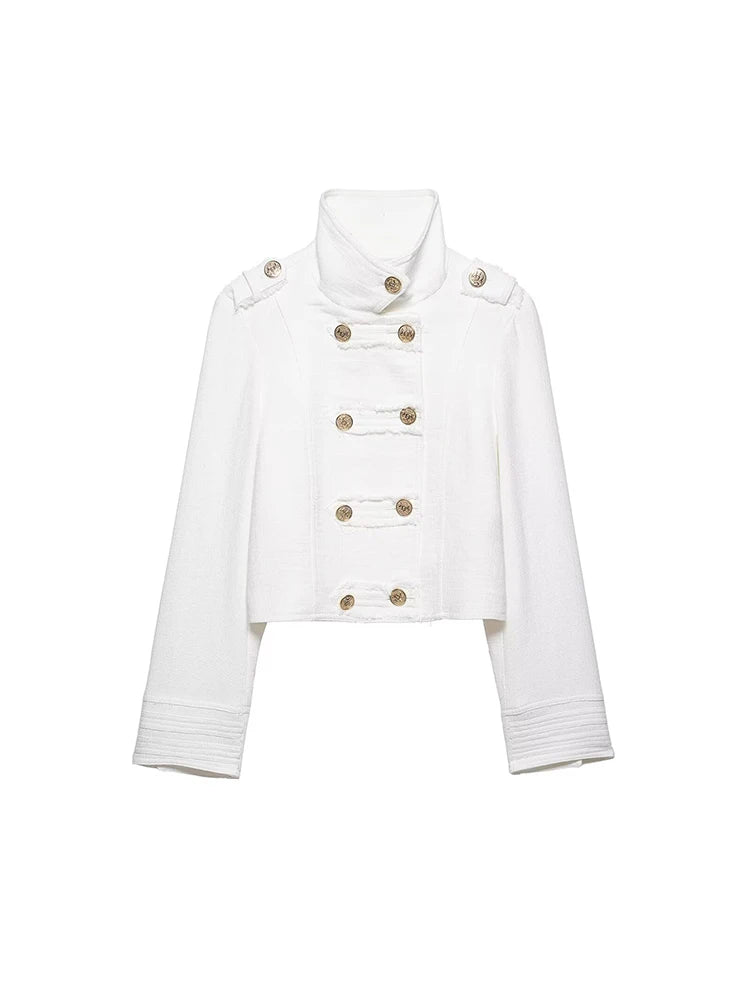White Tweed Cropped Jacket With Gold Buttons for Women