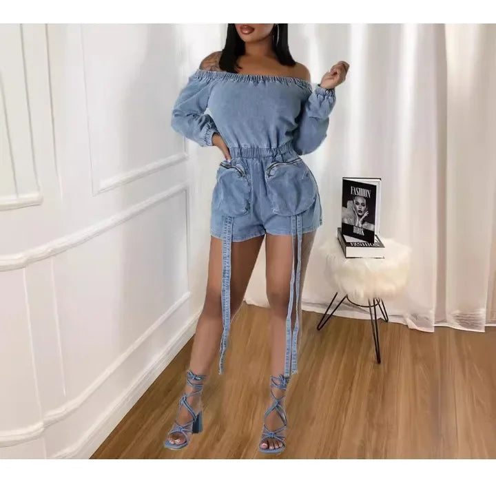 Denim Jumpsuit Womens Clothing Pocket Sexy  Chest Hugging Elastic Waist Long Sleeves Conjoined Body Shorts for Female Streetwear