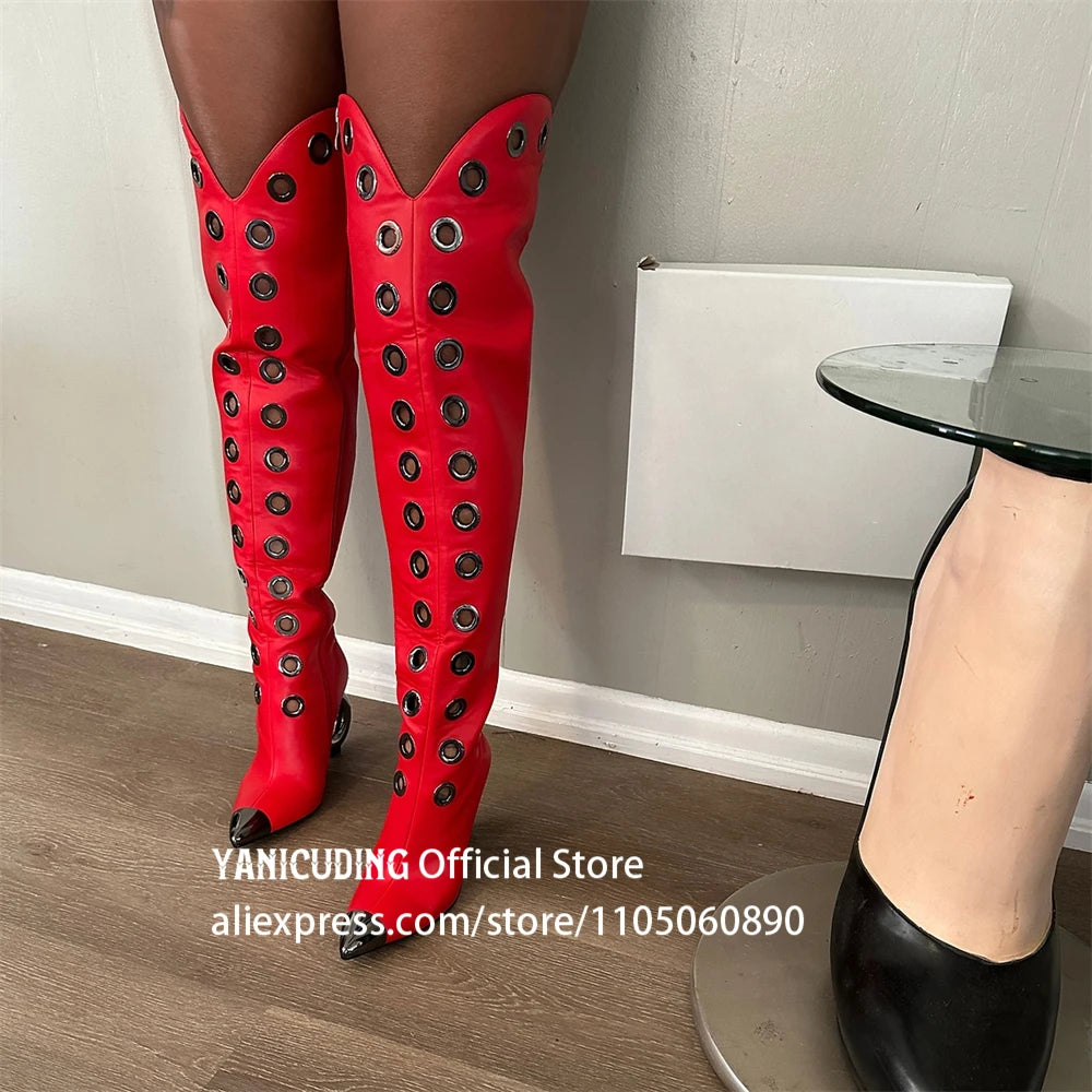 Metal Eyelet Pointed Toe Over The Knee Boots for Women