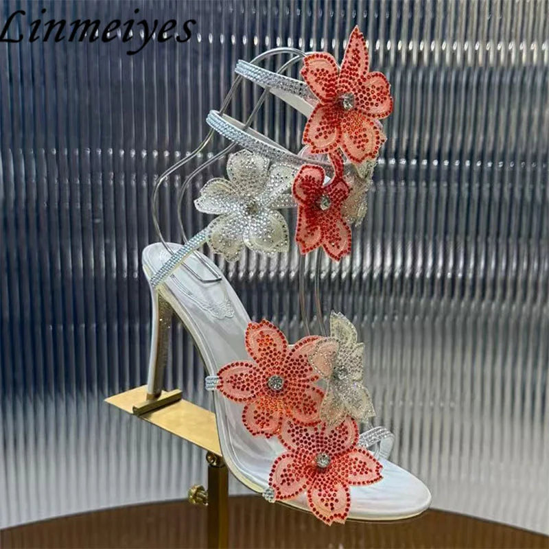 Rhinestone Flower Embellished Wedding High Heel Sandals for Women