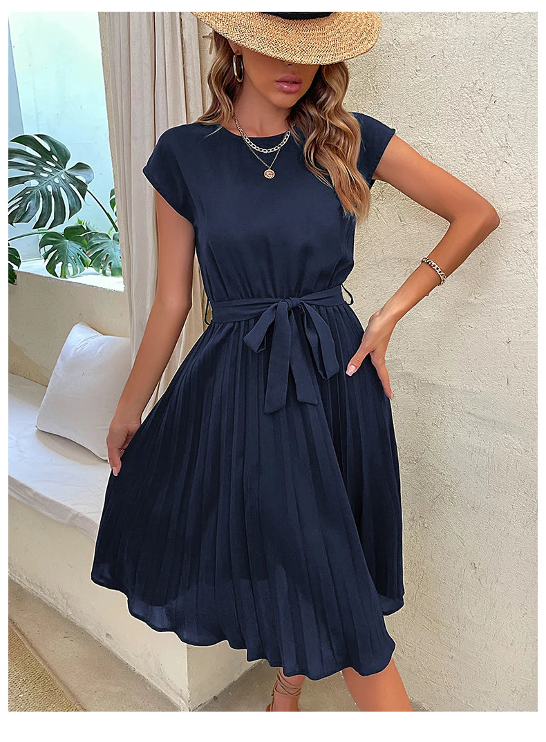 Chic Casual Pleated Short Sleeve Midi Dress for Women