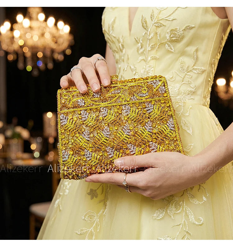 Metallic Leaf Diamond Evening Bag With Rhinestone Accents for Women