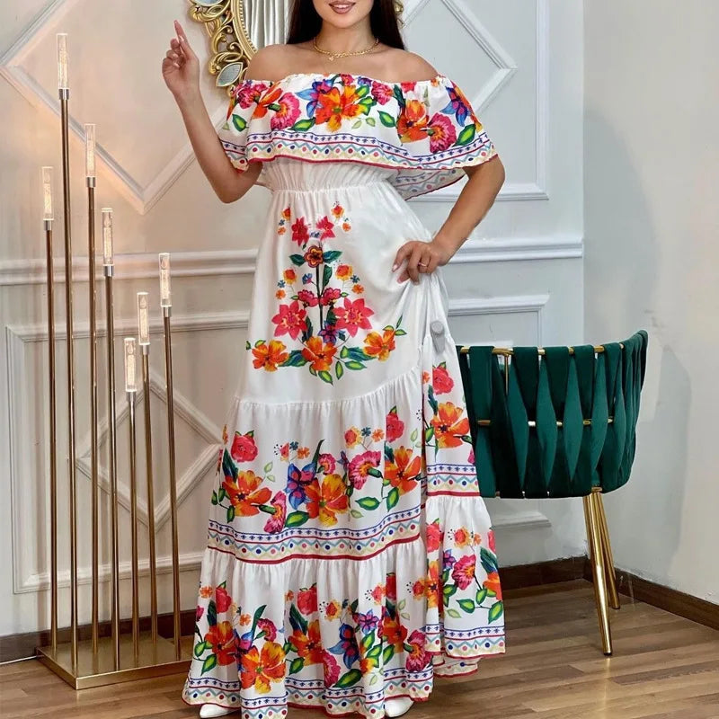 Floral Print Off Shoulder High Waist Dress for Women
